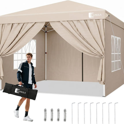 Sunula Gazebo 3 x 3 Waterproof Stable Winterproof with 4 Side Walls, Folding Gazebo 3 x 3 m with Thickened Tubes, Party Tent, Garden Gazebo, Folding Tent (Khaki, 3 x 3 with Side Walls)