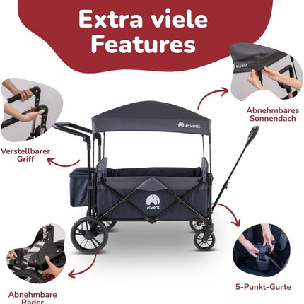elvent Allrounder City Handcart - Foldable with Roof, Seat Padding, Rear Bag, Parking Brake, 5-Point Harness, 2 Children (Black)