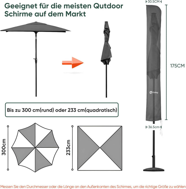 Sekey Parasol Protective Cover for 300 cm Parasol | With Mounting Rod & Zip (175 x 30.5/36.5 cm) - Waterproof, UV 50+
