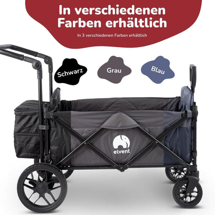 elvent Allrounder Premium Handcart - Foldable with Roof, Seat Padding, Rear Bag, Parking Brake, Off-Road Tyres, 5-Point Harness, 2 Children (Blue)