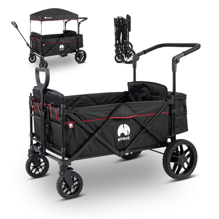 elvent Allrounder Premium Handcart - Foldable with Roof, Seat Padding, Rear Bag, Parking Brake, Off-Road Tyres, 5-Point Harness, 2 Children (Blue)