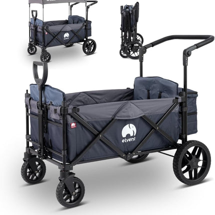 elvent Allrounder Premium Handcart - Foldable with Roof, Seat Padding, Rear Bag, Parking Brake, Off-Road Tyres, 5-Point Harness, 2 Children (Blue)