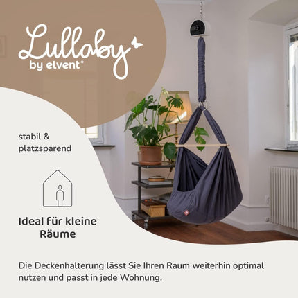 elvent® Lullaby Spring Cradle Set with Mattress, Cotton, Made in Germany (Baby Hanging Cradle with Motor and Ceiling Mounting, Basalt Grey)