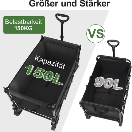 Sekey XXL Handcart Foldable Children's S4018 150L 150 kg Hand Trolley with Roof | Transport trolley with sun protection, folding handcart with off-road tyres with brake for excursions, beach, camping, black