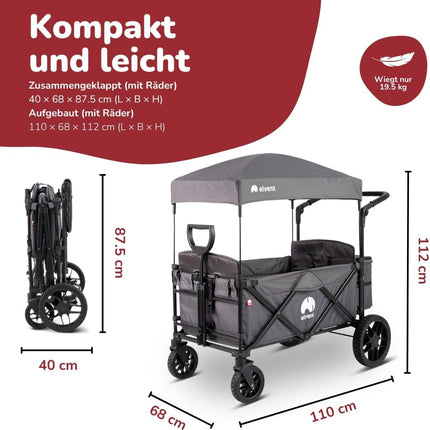 elvent Allrounder Premium Handcart - Foldable with Roof, Seat Padding, Rear Bag, Parking Brake, Off-Road Tyres, 5-Point Harness, 2 Children (Blue)