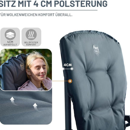 TIMBER RIDGE Folding Camping Chair with 4 cm Padding and 62 cm Wide Seat | Extra sturdy folding chair up to 230 kg, 62 cm seat width, 68 cm backrest with cool bag and drink holder
