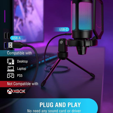 FIFINE Gaming Microphone PC, USB Microphone for Streaming Podcast Studio, with Microphone Stand and Mute Button, for PS4 PS5 Mac