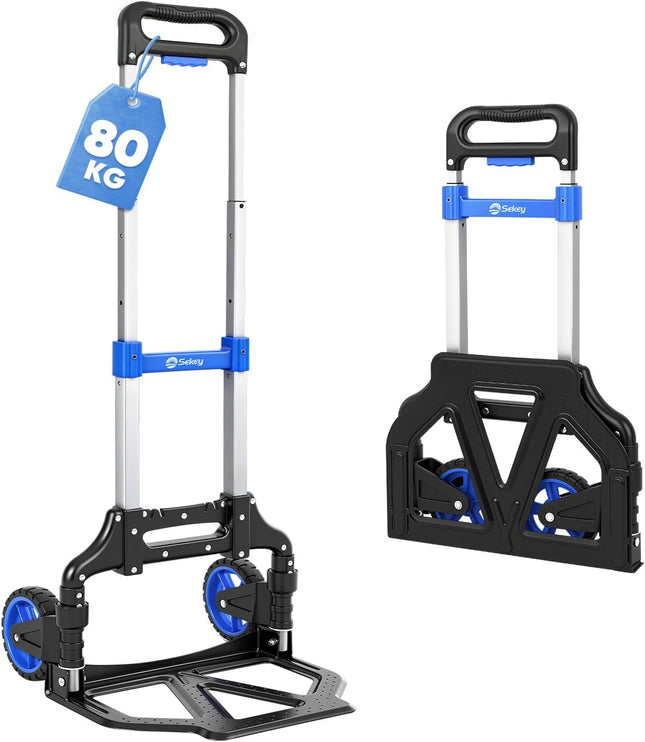 Sekey Aluminium Sack Truck, Foldable & Lightweight Transport Trolley, 80 kg Load Capacity, 3 Levels Height Adjustable & Foldable in Seconds, Folding Trolley with TPR Wheels & Ergonomic Handle