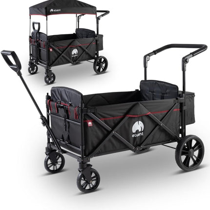 elvent Allrounder City Handcart - Foldable with Roof, Seat Padding, Rear Bag, Parking Brake, 5-Point Harness, 2 Children (Black)