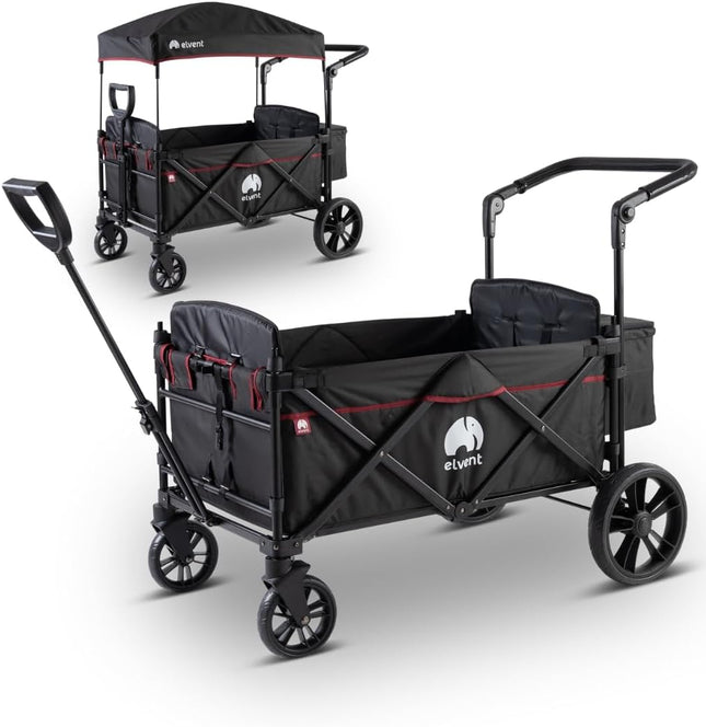 elvent Allrounder City Handcart - Foldable with Roof, Seat Padding, Rear Bag, Parking Brake, 5-Point Harness, 2 Children (Black)