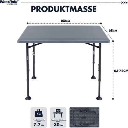 Westfield Outdoors Resino, Folding Camping Table, Height Adjustable, Folding Table, 100 x 68 cm, for 4-6 People, Robust ABS Table Top, Waterproof and Stable, for Camping, Garden, Picnic, Grey