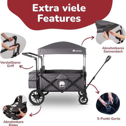 elvent Allrounder Premium Handcart - Foldable with Roof, Seat Padding, Rear Bag, Parking Brake, Off-Road Tyres, 5-Point Harness, 2 Children (Blue)