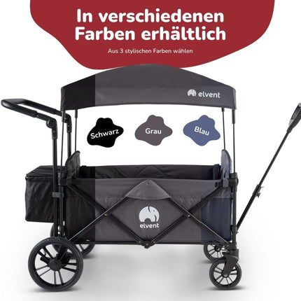 elvent Allrounder City Handcart - Foldable with Roof, Seat Padding, Rear Bag, Parking Brake, 5-Point Harness, 2 Children (Black)