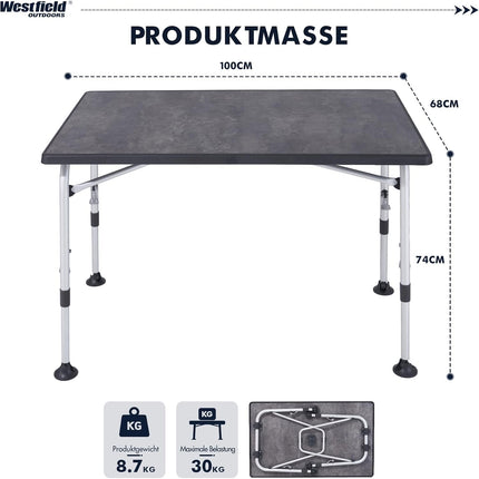 Westfield Outdoors Superb Folding Camping Table, Height Adjustable, Folding Table for 4-8 People, Sturdy Garden Table, Folding Table with Wide Feet for Camping, Caravan & Patio, Grey