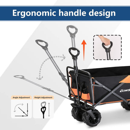EchoSmile Handcart Foldable 200 L 160 kg, Hand Trolley, Transport Trolley, Foldable with Adjustable Handle and Side Pockets, Wide Wheels, All-Terrain Beach Trolley, Garden Trolley, Shopping Trolley, Black & Orange