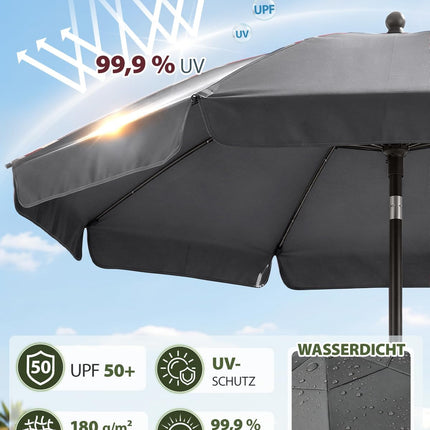 Sunula Balcony Parasol 180 cm with Protective Cover, Garden Umbrella with Bendable & Height-Adjustable, UPF 50+ UV Protection, Water-Repellent, for Balcony, Garden, Beach, Patio