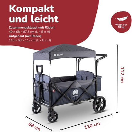 elvent Allrounder City Handcart - Foldable with Roof, Seat Padding, Rear Bag, Parking Brake, 5-Point Harness, 2 Children (Black)