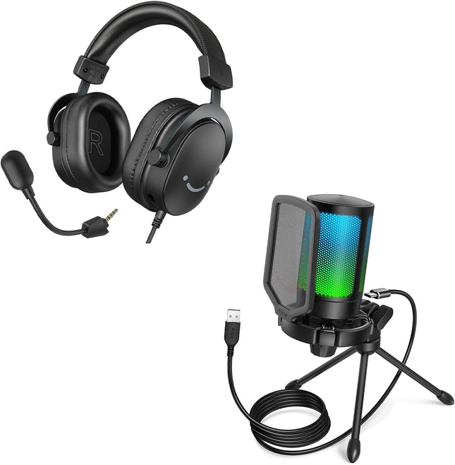 FIFINE Gaming Headset and USB Microphone, PC Microphone with Microphone Stand and Over Ear Headphones with USB & 3.5 mm Cable, for Podcast Streaming Studio Mac PS4 PS5 Xbox Switch (A6V+H9)