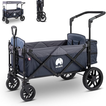 elvent SmartCruiser Premium Handcart - Foldable Handcart with Roof, Seat Cushion, Rear Bag, Parking Brake, Off-Road Tyres, 5-Point Harness, for 2 Children, Telescopic Pull Rod (Blue)