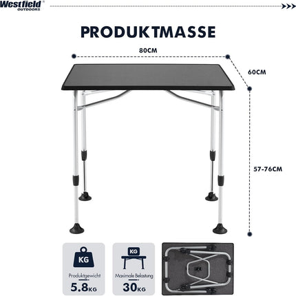 Westfield Outdoors Viper 80 Camping Table, Height Adjustable Garden Table, 80 x 60 cm Table Top for 2-4 People, Durable and Easy to Clean, Foldable, for Camping, Garden and Caravan