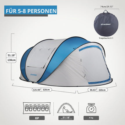 EchoSmile Pop Up Tent 4-8 People, Pop-Up Tent Waterproof with 2 Ventilation Windows, Family Tent & Camping Tent for Picnic, Hiking and Outdoor Activities