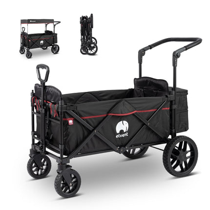 elvent SmartCruiser Premium Handcart - Foldable Handcart with Roof, Seat Cushion, Rear Bag, Parking Brake, Off-Road Tyres, 5-Point Harness, for 2 Children, Telescopic Pull Rod (Blue)