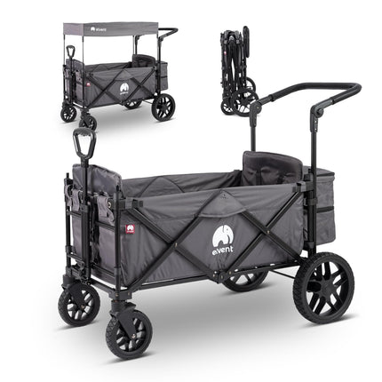elvent SmartCruiser Premium Handcart - Foldable Handcart with Roof, Seat Cushion, Rear Bag, Parking Brake, Off-Road Tyres, 5-Point Harness, for 2 Children, Telescopic Pull Rod (Blue)