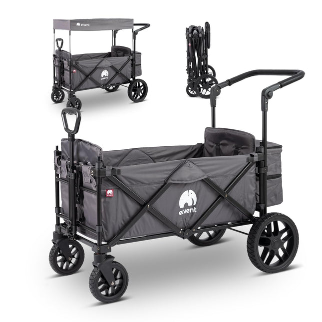elvent SmartCruiser Premium Handcart - Foldable Handcart with Roof, Seat Cushion, Rear Bag, Parking Brake, Off-Road Tyres, 5-Point Harness, for 2 Children, Telescopic Pull Rod (Blue)