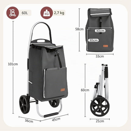 Sekey Foldable Shopping Trolley, XXL Shopping Bag with Cooling Compartment, Large Wheels, Aluminium Frame, Foldable Shopping Trolley for Shopping, Camping, Picnic and Everyday Life, Grey
