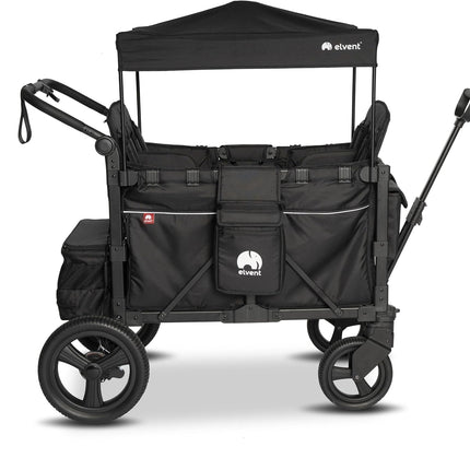 elvent® FlexProfessional 4 Handcart 4-Seater TÜV-Certified I Folding Hand Trolley with Roof, 5-Point Harness, Parking Brake, 100 kg | Nursery & Day Care (Black)