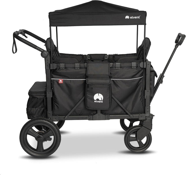 elvent® FlexProfessional 4 Handcart 4-Seater TÜV-Certified I Folding Hand Trolley with Roof, 5-Point Harness, Parking Brake, 100 kg | Nursery & Day Care (Black)