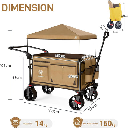 EVER ADVANCED XXL Handcart Foldable 225 L up to 150 kg with Brake Roof Hand Trolley Push & Pull Foldable Beach Trolley 20 x 8 cm Wide Wheels Folding Trolley for Camping Beach Shopping Animal Brown
