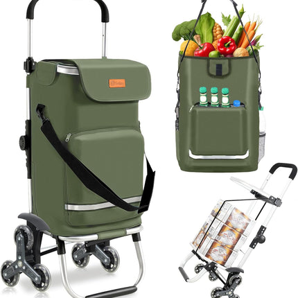 Sekey Shopping Trolley Stair Climber with 3 Wheels, 3-in-1 Folding Shopping Trolley for Seniors - No More Heavy Carry, Lightweight, with Cooler Compartment & Drinks Compartment, Olive Green