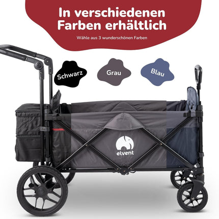 elvent SmartCruiser Premium Handcart - Foldable Handcart with Roof, Seat Cushion, Rear Bag, Parking Brake, Off-Road Tyres, 5-Point Harness, for 2 Children, Telescopic Pull Rod (Blue)