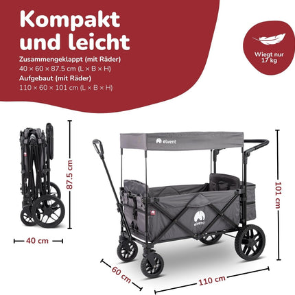 elvent SmartCruiser Premium Handcart - Foldable Handcart with Roof, Seat Cushion, Rear Bag, Parking Brake, Off-Road Tyres, 5-Point Harness, for 2 Children, Telescopic Pull Rod (Blue)