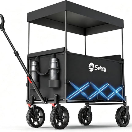 Sekey XXL Handcart Foldable Children's S4018 150L 150 kg Hand Trolley with Roof | Transport trolley with sun protection, folding handcart with off-road tyres with brake for excursions, beach, camping, black