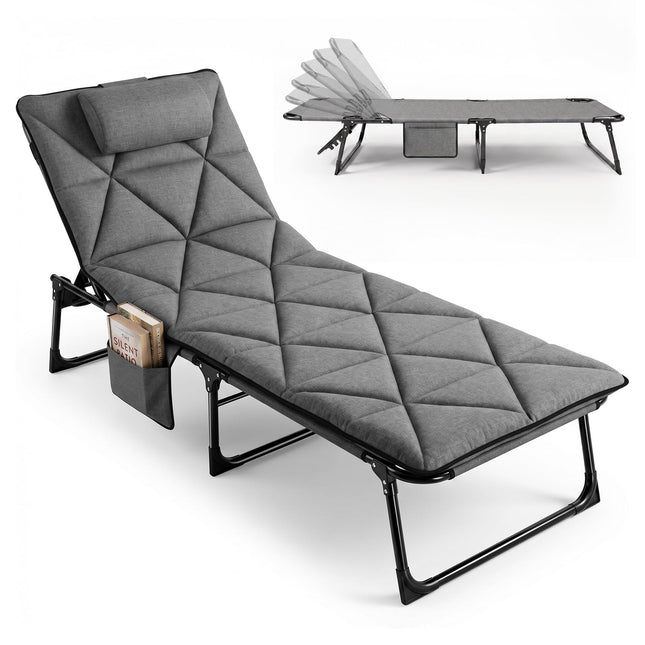 Sekey Folding Camping Bed with Padding & Side Pocket, up to 190 x 71 x 36 cm, Oversized Sleeping Area, Camping Lounger / Sun Lounger for Outdoor & Indoor - Ideal for Garden, Camping, Festival and Travel