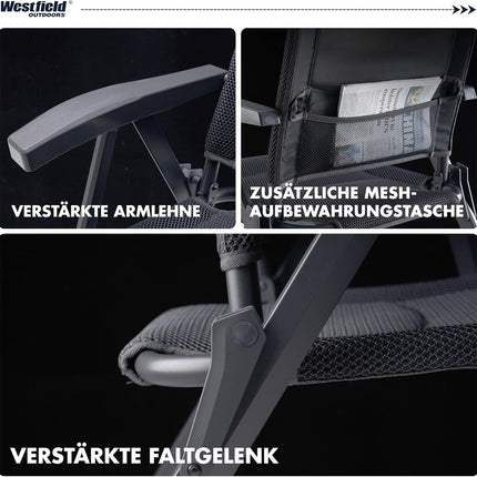 Westfield Outdoors Royal Camping Chair, 7-Way Adjustable Backrest with 3D Mesh, Headrest, Maximum Load 150 kg, Lightweight Metal, Garden Chair for Camping, Garden, Caravan, Anthracite Grey
