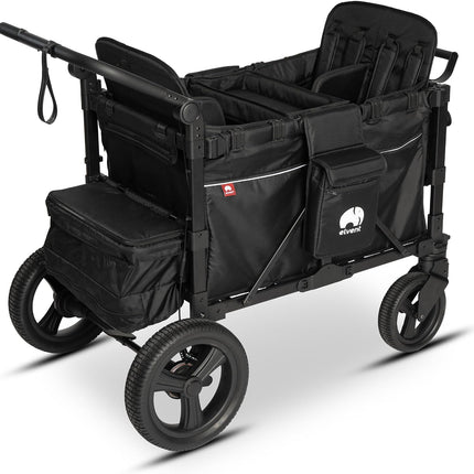 elvent® FlexProfessional 4 Handcart 4-Seater TÜV-Certified I Folding Hand Trolley with Roof, 5-Point Harness, Parking Brake, 100 kg | Nursery & Day Care (Black)