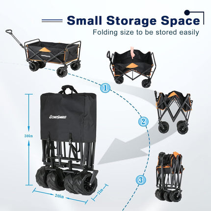 EchoSmile Handcart Foldable 200 L 160 kg, Hand Trolley, Transport Trolley, Foldable with Adjustable Handle and Side Pockets, Wide Wheels, All-Terrain Beach Trolley, Garden Trolley, Shopping Trolley, Black & Orange