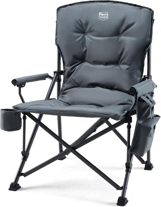 TIMBER RIDGE Folding Camping Chair with 4 cm Padding and 62 cm Wide Seat | Extra sturdy folding chair up to 230 kg, 62 cm seat width, 68 cm backrest with cool bag and drink holder