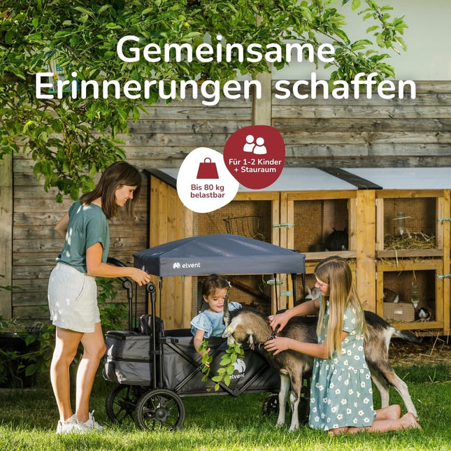 elvent Allrounder City Handcart - Foldable with Roof, Seat Padding, Rear Bag, Parking Brake, 5-Point Harness, 2 Children (Black)