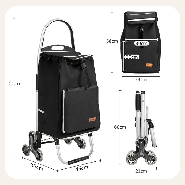 Sekey Shopping Trolley Stair Climber Foldable XXL Shopping Bag with Cooling Compartment, Aluminium Frame, 3 + 3 Wheels, Foldable Shopping Trolley, Shopping Trolley for Stairs and Everyday Life, Black