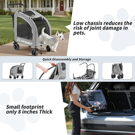 EchoSmile Dog Pram for Small and Medium Dogs up to 20 kg, Off-Road Foldable Dog Buggy with Double Brakes, Seat Belts in Car and Mesh Windows, Grey