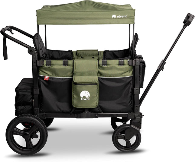 elvent® FlexProfessional 2 Handcarts, TÜV-Certified, Foldable Hand Trolley with Roof, 5-Point Harness, Parking Brake, 100 kg, Nursery & Day Care (Green)