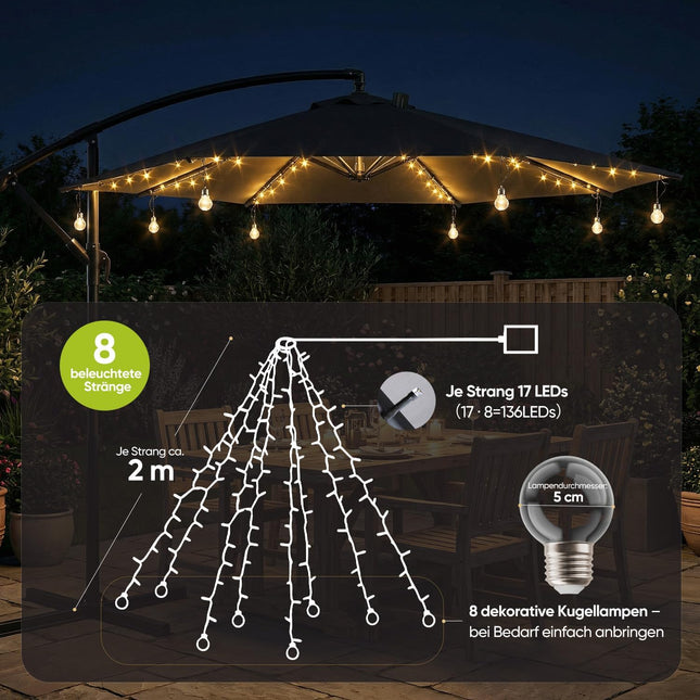 Sekey Parasol Lighting Solar LED Fairy Lights with 136 LEDs & 8 Bulbs, Remote Control 8 Modes, Garden Patio Party Decoration Light for Parasol and Parasol