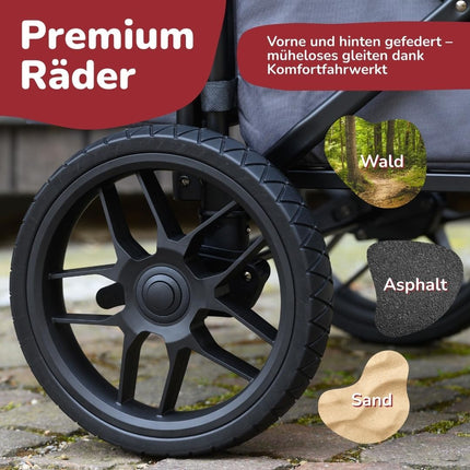 elvent Allrounder Premium Handcart - Foldable with Roof, Seat Padding, Rear Bag, Parking Brake, Off-Road Tyres, 5-Point Harness, 2 Children (Blue)