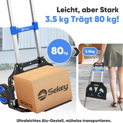 Sekey Aluminium Sack Truck, Foldable & Lightweight Transport Trolley, 80 kg Load Capacity, 3 Levels Height Adjustable & Foldable in Seconds, Folding Trolley with TPR Wheels & Ergonomic Handle