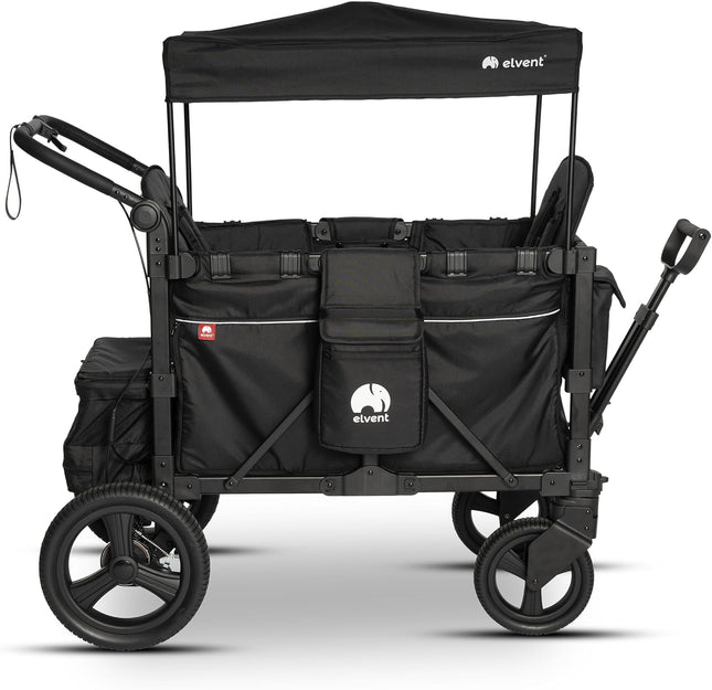 elvent® FlexProfessional 2 Handcarts, TÜV-Certified, Foldable Hand Trolley with Roof, 5-Point Harness, Parking Brake, 100 kg, Nursery & Day Care (Black)
