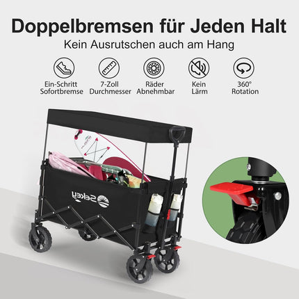 Sekey XXL Handcart Foldable Children's S4018 150L 150 kg Hand Trolley with Roof | Transport trolley with sun protection, folding handcart with off-road tyres with brake for excursions, beach, camping, black
